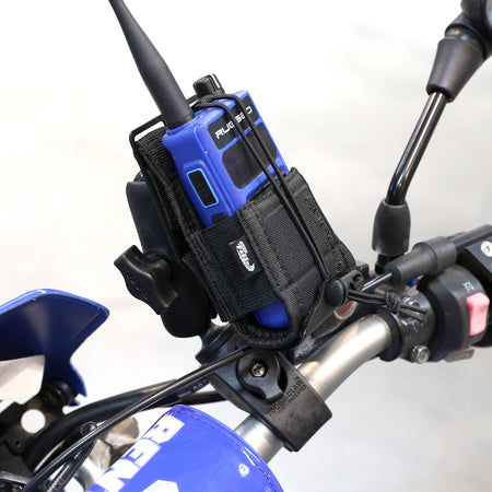 RAM Motorcycle Handheld Radio Mount Shown with Optional Radio Pouch