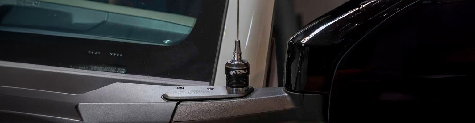 Vehicle antenna mounting hardware—including roll-bar clamps, adjustable bar mounts, universal NMO magnetic bases, suction cup mounts, hood and roof bar mounts, and telescoping flag poles