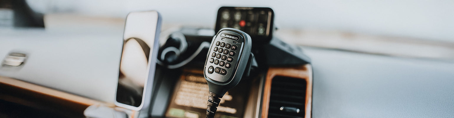 Mobile radio accessories including active filters, external waterproof speakers, weatherproof jacks, power cables, and antenna mounting kits