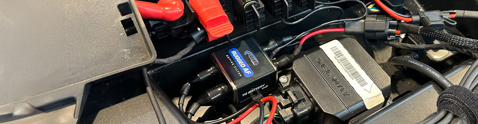 Off‑road intercom parts and accessories including active audio filters, Bluetooth interface, rocker switches, power cables, weather guards, and ground straps