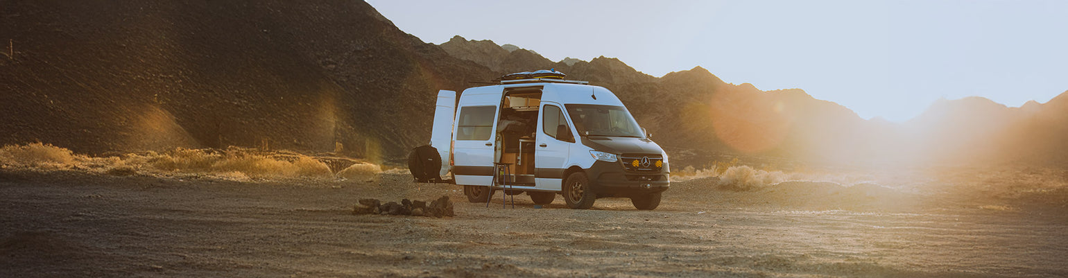 Rugged Radios Mercedes‑Sprinter Van GMRS mobile radio kit with direct‑fit A‑pillar antenna mount, center‑mount bracket, rugged antenna and heavy‑duty coax for Sprinter models 2007–present