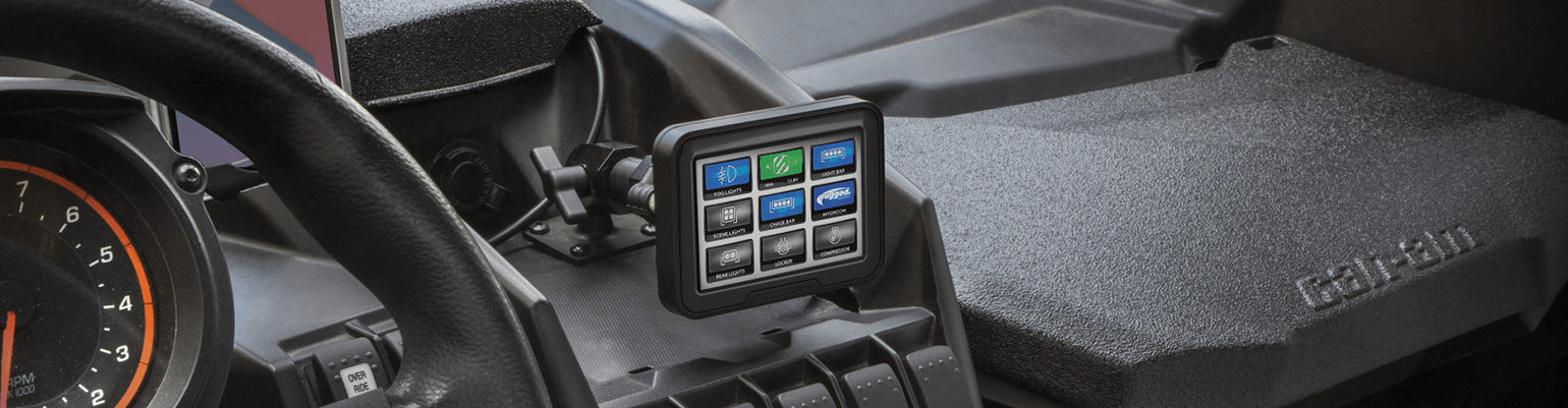 Rugged rocker switches and switch panels—including waterproof rocker, dual-radio switch, USB hub, and multi-switch dash panels
