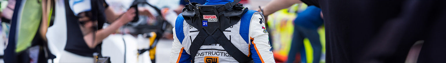 SFI‑certified head-and-neck restraints—NecksGen REV2 Lite, Carbon, and Simpson Hybrid Sport with quick‑release helmet anchors