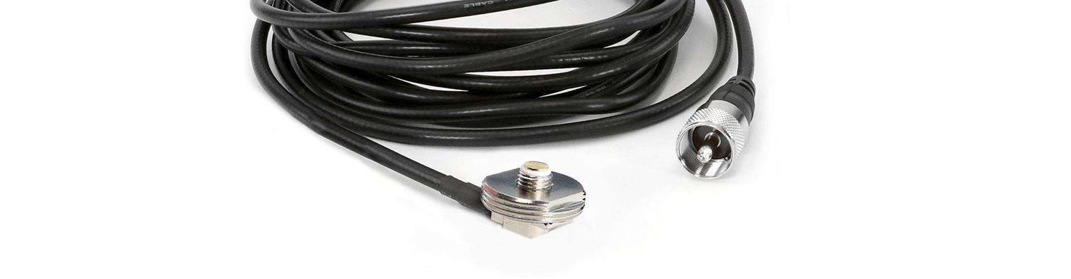 Antenna coax cable kits—long 15 ft and shorter Race Series cables with NMO or BNC connectors, cable extensions, HD base‑camp flag‑pole cable, and powered antenna harness for Jeep JT/JL