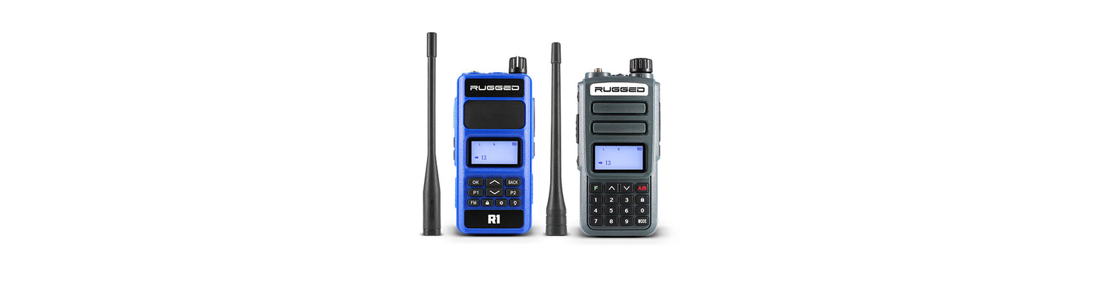 Handheld radio antennas including VHF, UHF, GMRS, stubby, and long-range upgrade options