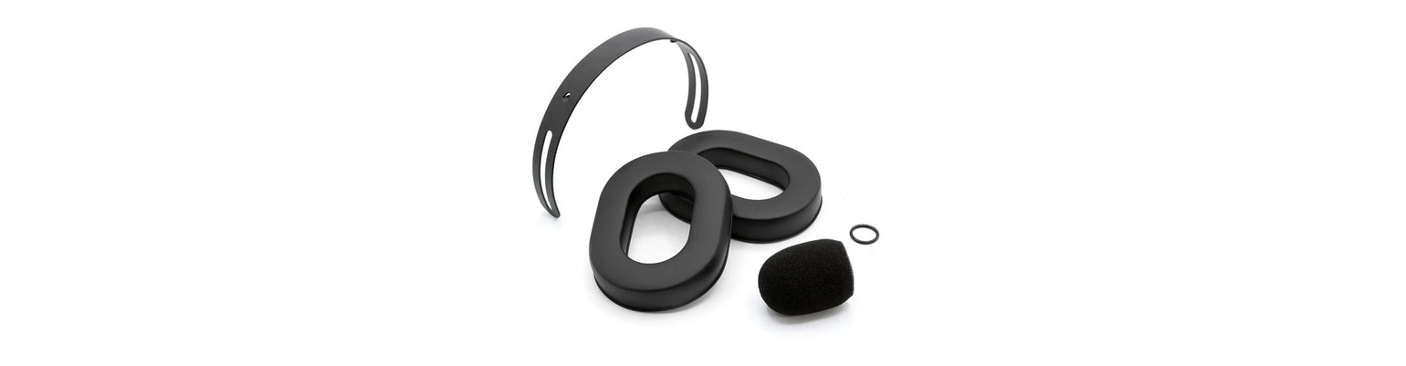 Headset accessory and replacement parts—foam, gel, and leather ear seals; mic muffs; velcro straps; head pad cushions; replacement speakers, mic wires, strain relief grommets, and ear domes.