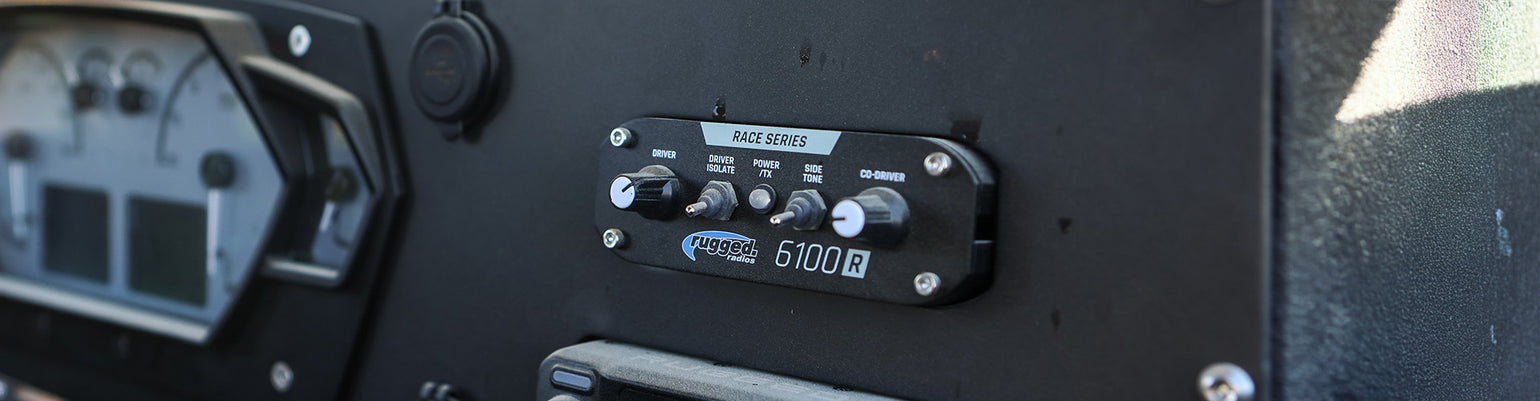 Off‑road race communication kits—including Race Series M1 radio, RRP6100 intercom, and driver/co‑driver PTT buttons