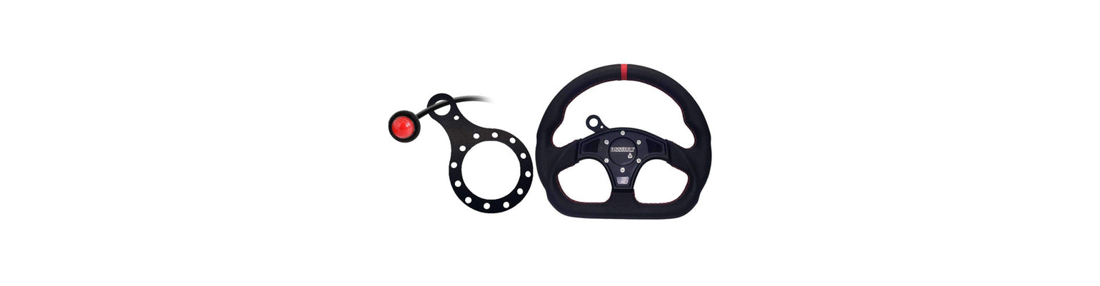 Rugged Radios Collection PTT parts and accessories—replacement red/clear button covers, full replacement buttons, 6‑bolt steering‑wheel PTT mount, intercom‑to‑car harness adapter, 3 ft extension cable, external PTT adapter cable, and belt‑station PTT unit.